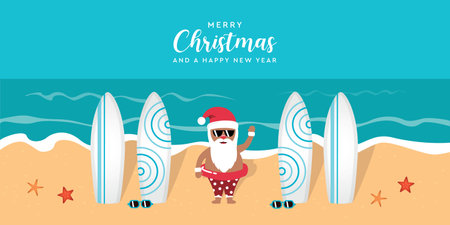 cute santa on the beach wit surfboards christmas holidayのイラスト素材