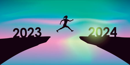 woman jumping over a cliff from 2023 to 2024 on aurora borealis background