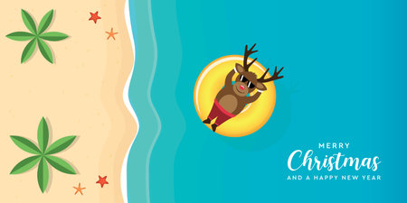 cute christmas deer relaxing on float ring in water on the beachのイラスト素材
