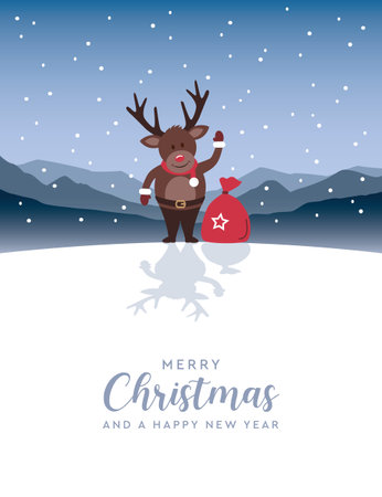 cute deer on snowy winter landscape christmas greetig cardのイラスト素材