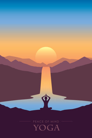 peace of mind yoga waterfall river tropical landscape at beautiful sunsetのイラスト素材