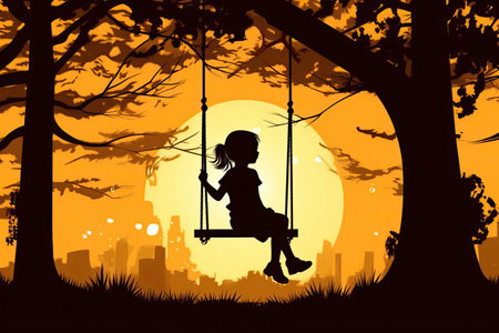 little girl child silhouette sit on swing under big treeの素材
