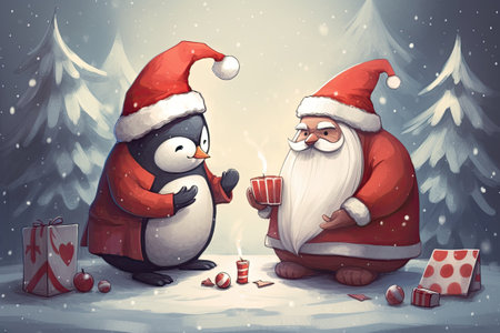 santa claus and penguin playing cards christmasの素材