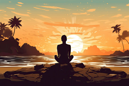 person silhouette in meditation yoga pose on beautiful sunset by the oceanの素材