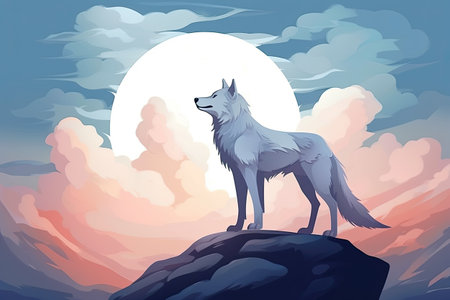 wolf stand on a cliff at full moon night lansdscapeの素材