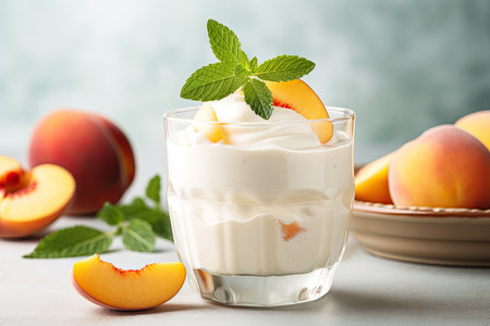 fresh tasty yogurt in glass with peachの素材