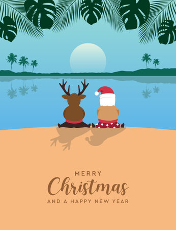 christmas greeting card with cute deer and santa on tropical summer landscapeのイラスト素材