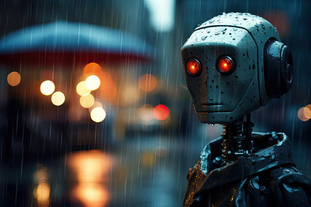 lonely robot stand in rainの素材
