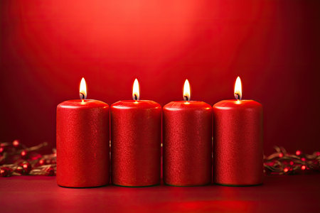 four red christmas candles on redの素材