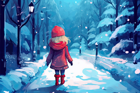 little girl walk in winter forest landscapeの素材
