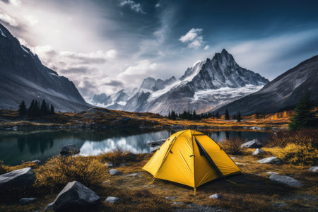 camping adventure tent in forest by lakeの素材