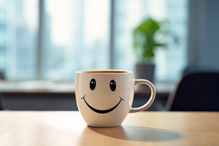cup of coffee in office with smiling faceの素材