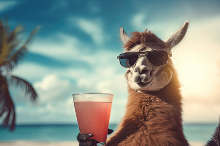 alpaca with sunglasses and cocktail on the beachの素材