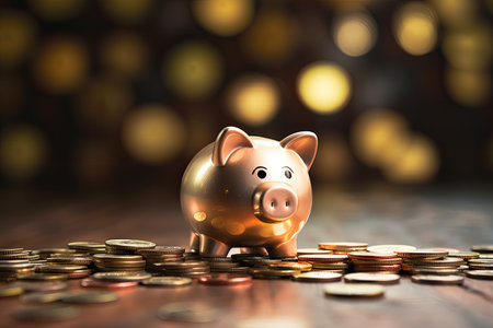 piggy bank and coins on wooden tableの素材