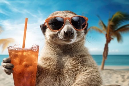 cute meerkat with sunglasses relax on the beachの素材