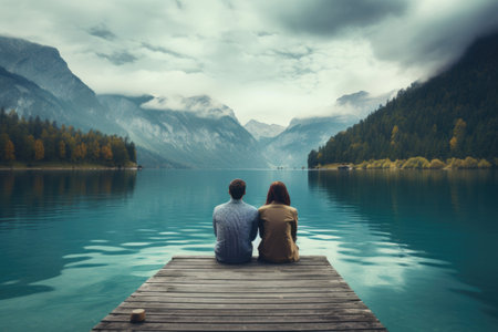 couple sit on jetty at peaceful lakeの素材