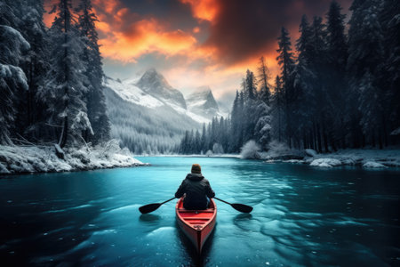 kayak adventure man in a boat on peaceful lake in winterの素材