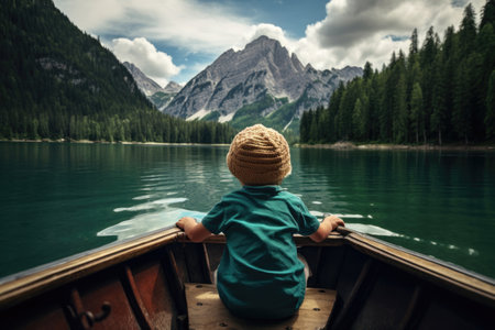 little boy in a boat on peaceful lakeの素材