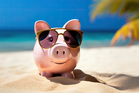 smiling piggy bank relax on the beachの素材