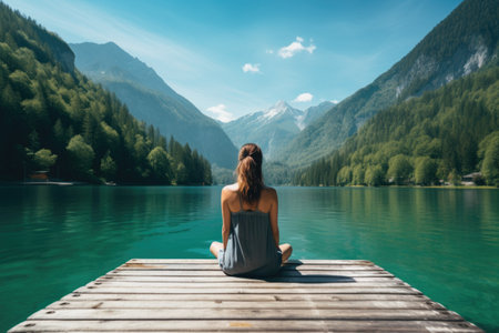 woman sits on jetty at peaceful lakeの素材