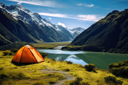 outdoor adventure camping tent in forest by lakeの素材