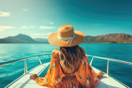 beautiful young woman in colorful dress sit in a boat luxury summer vacationの素材