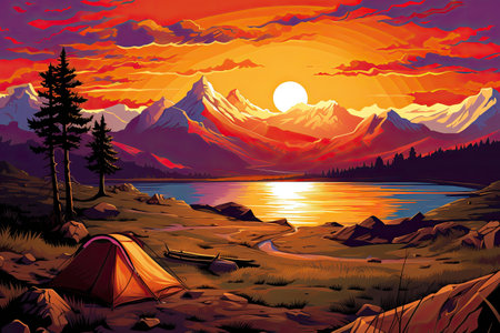 camping adventure tent in forest by lake mountain view sunset illustrationの素材