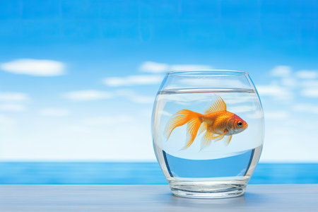 lonely goldfish in a glass of water on nature backgroundの素材