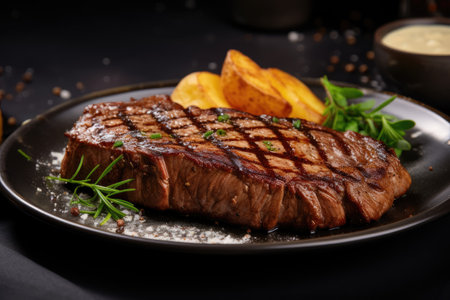 tasty medium grilled steak on dark plateの素材
