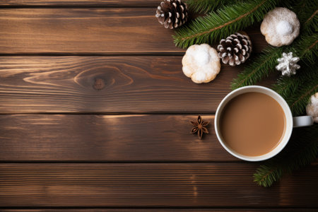 coffee with christmas cookies on wooden tableの素材