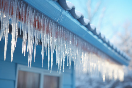 icicles on house roof in cold winterの素材
