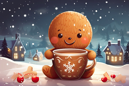 cute little gingerman drink hot chocolate in winter illustrationの素材