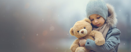 child with teddy bear outside in cold winterの素材