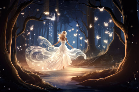 beautiful fairy in magical forest illustrationの素材