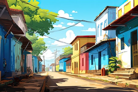 colorful little houses in street in summer illustrationの素材