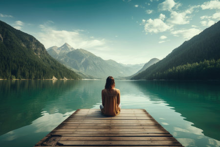 woman sits on jetty at peaceful lake on mountain viewの素材