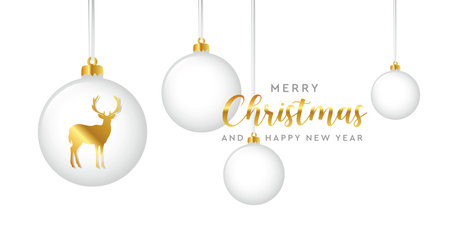 luxury golden christmas greeting card deer and christmas balls vector illustrationのイラスト素材