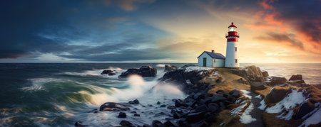 lighthouse ocean seascape at sunsetの素材