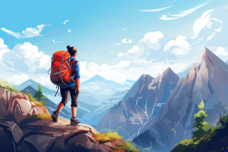 woman with backpack on a peak in the mountains illustrationの素材