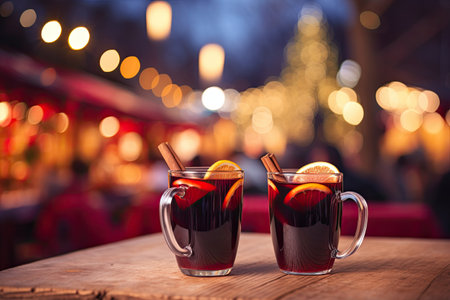 tasty mulled wine on Christmas market at nightの素材