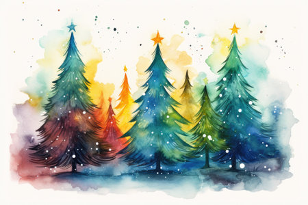colorful christmas tree forest watercolor drawingの素材