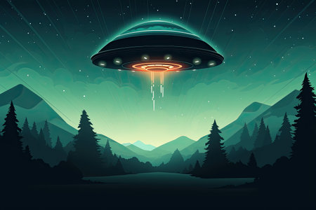 mystery ufo in night sky forest landscapeの素材