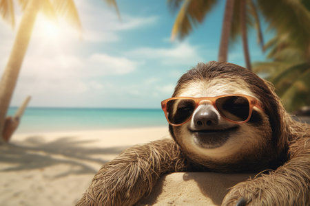 cool sloth with sunglasses on tropical beach backgroundの素材