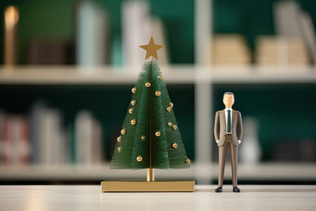 miniature figure christmas tree on desk in officeの素材