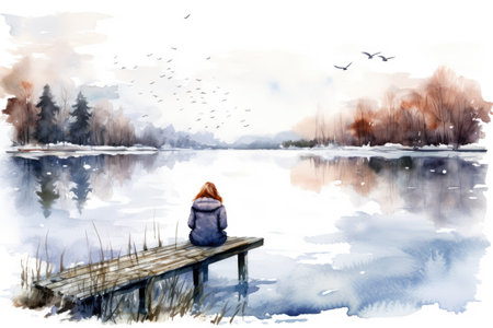 lonely girl sit on jetty by the lake in winter watercolorの素材