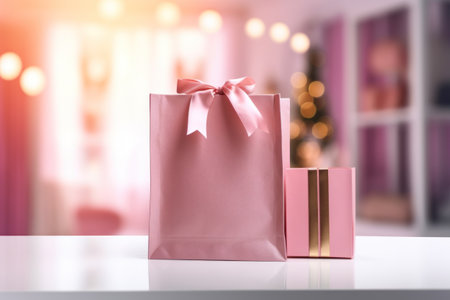 shopping bags on blurry christmas backgroundの素材