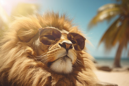 cool lion with sunglasses on tropical beach backgroundの素材