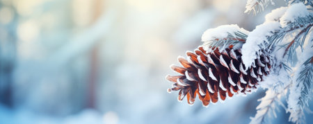 frozen fir branch with pinecone in winter natureの素材