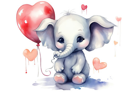 cute little baby elephant with red balloon watercolor designの素材