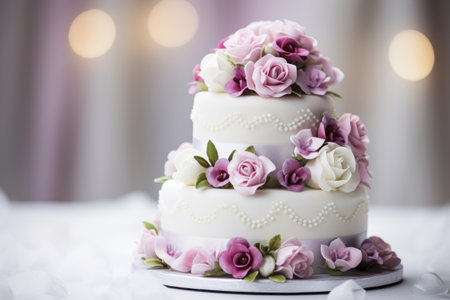 beautiful tasty wedding cake decorated with flowersの素材